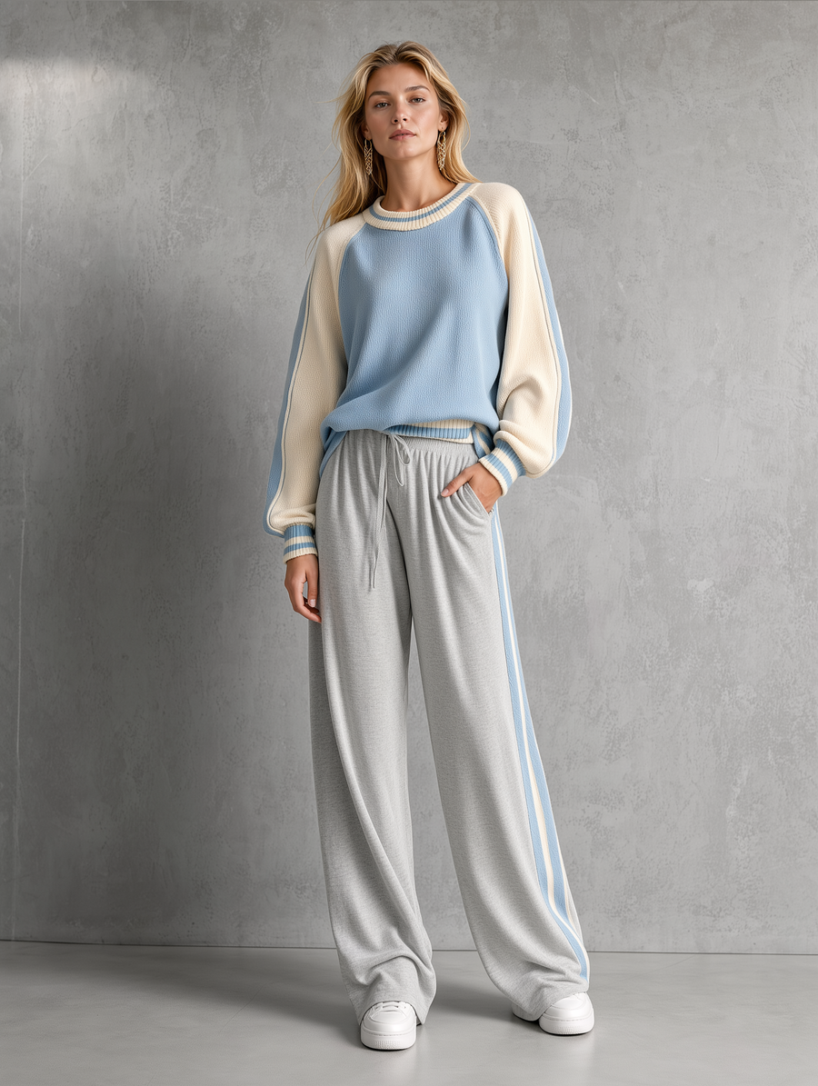 Powder Blue Color-Block Raglan Knit Top & Grey Wide-Leg Pants Set