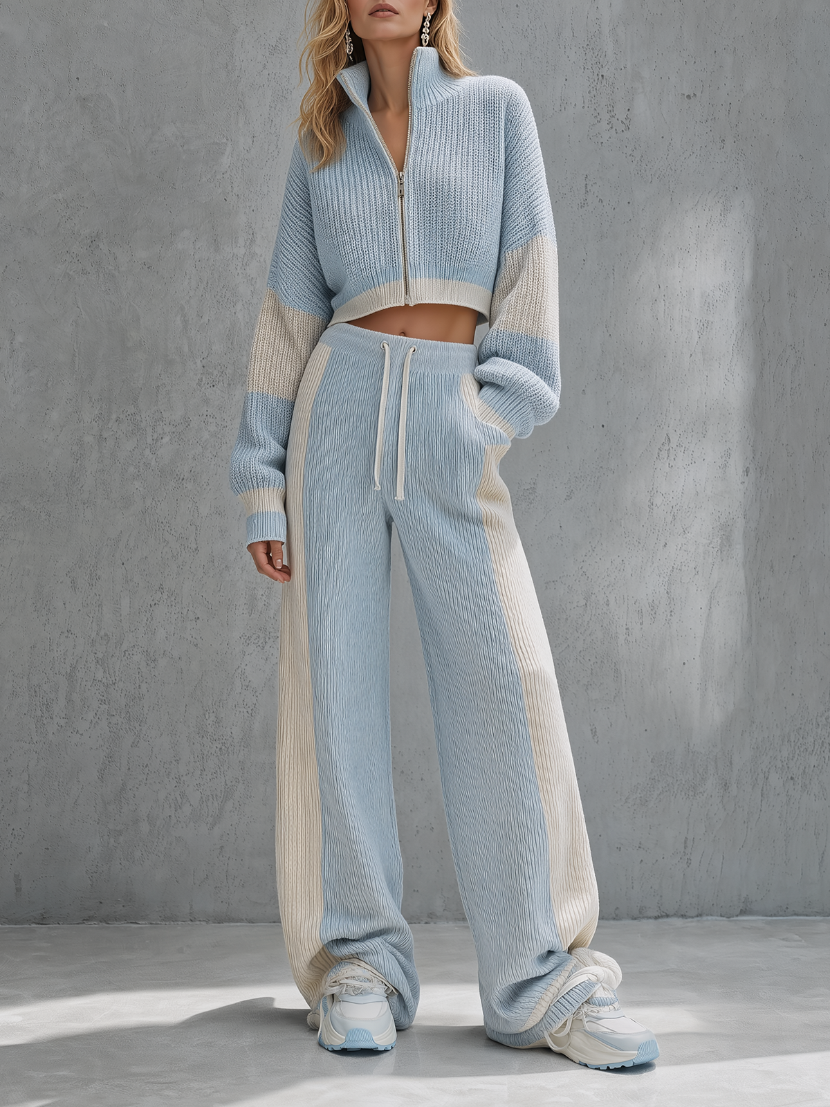 Light Blue Half-Zip Cropped Knit Cardigan & Wide-Leg Pants Set
