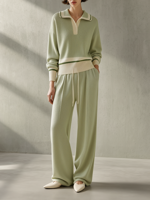 Sage Green Ribbed Polo Knit Top & Wide-Leg Pants Set