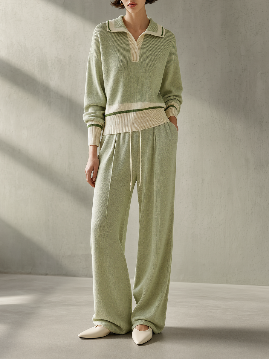 Sage Green Ribbed Polo Knit Top & Wide-Leg Pants Set