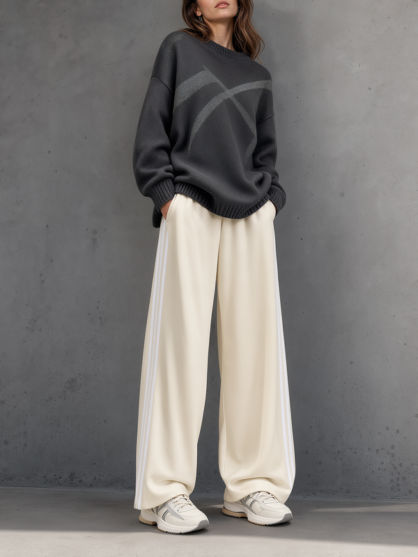 Charcoal Oversized Sweater & Cream Stripe Wide-Leg Pants Set