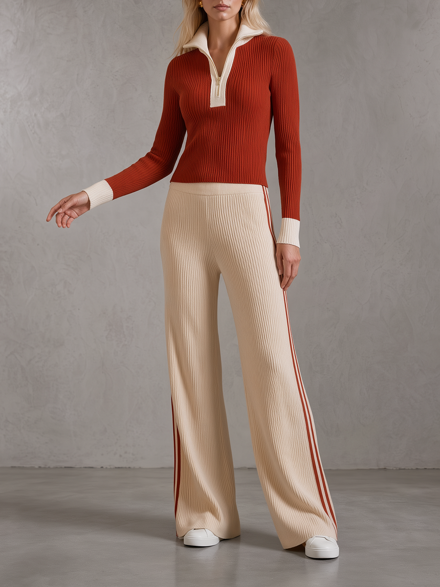 Rust Half-Zip Ribbed Knit Top & Side-Stripe Wide-Leg Pants Set