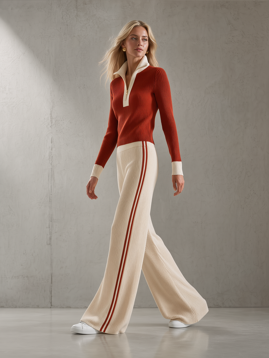 Rust Half-Zip Ribbed Knit Top & Side-Stripe Wide-Leg Pants Set