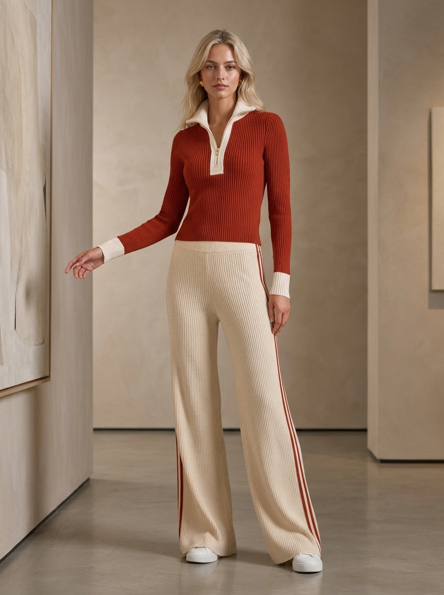 Rust Half-Zip Ribbed Knit Top & Side-Stripe Wide-Leg Pants Set