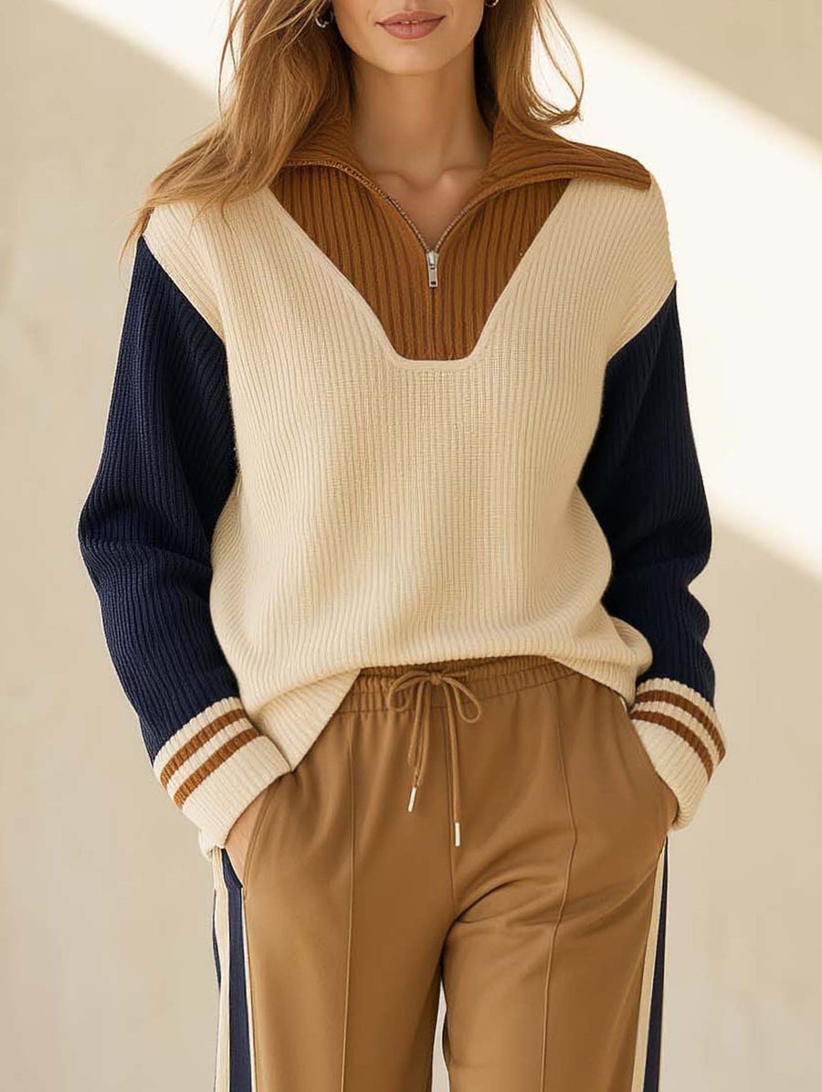 Stylish Casual Long-sleeve Sweater In A Color-blocked Design Of Off-white And Navy Blue