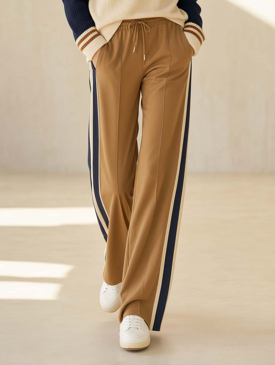 Stylish Khaki Color-Block Wide-Leg Trousers with Side Stripes