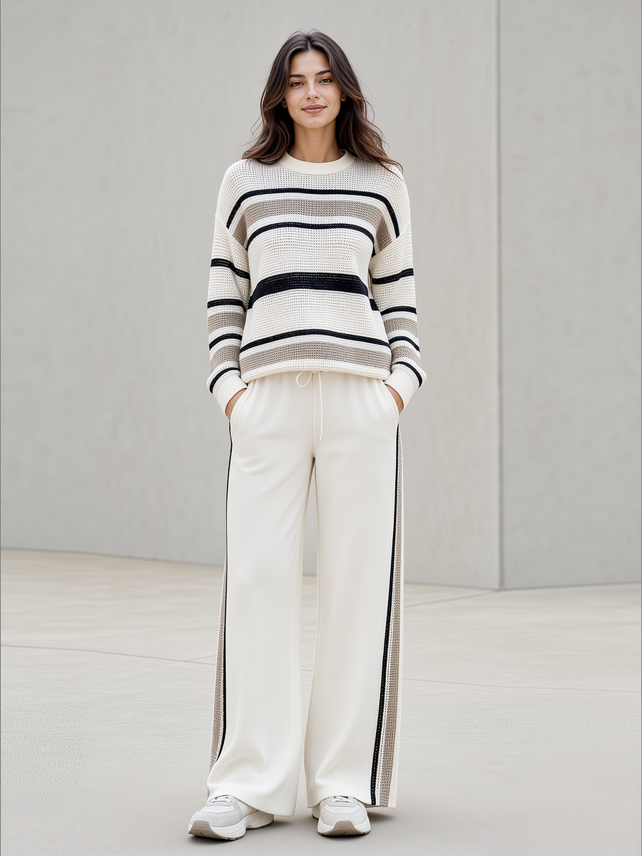 Off-white And Contrasting-color Horizontal Striped Open-knit Crew-neck Sweater And Wide-leg Pants Set