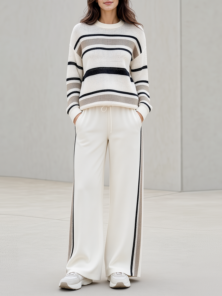 Off-white And Contrasting-color Horizontal Striped Open-knit Crew-neck Sweater And Wide-leg Pants Set