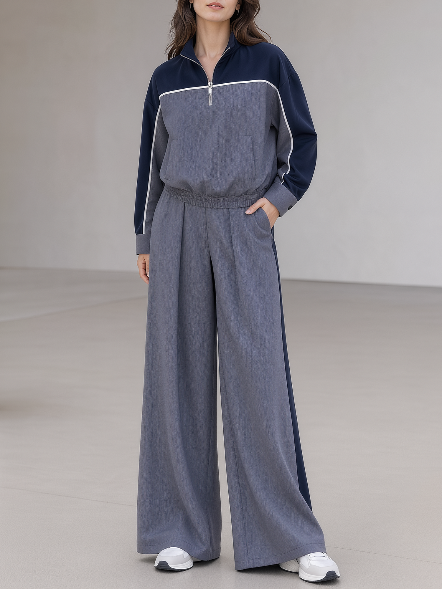 Grey And Navy Color-block Half-zip Mock-neck Top And Wide-leg Trousers Set