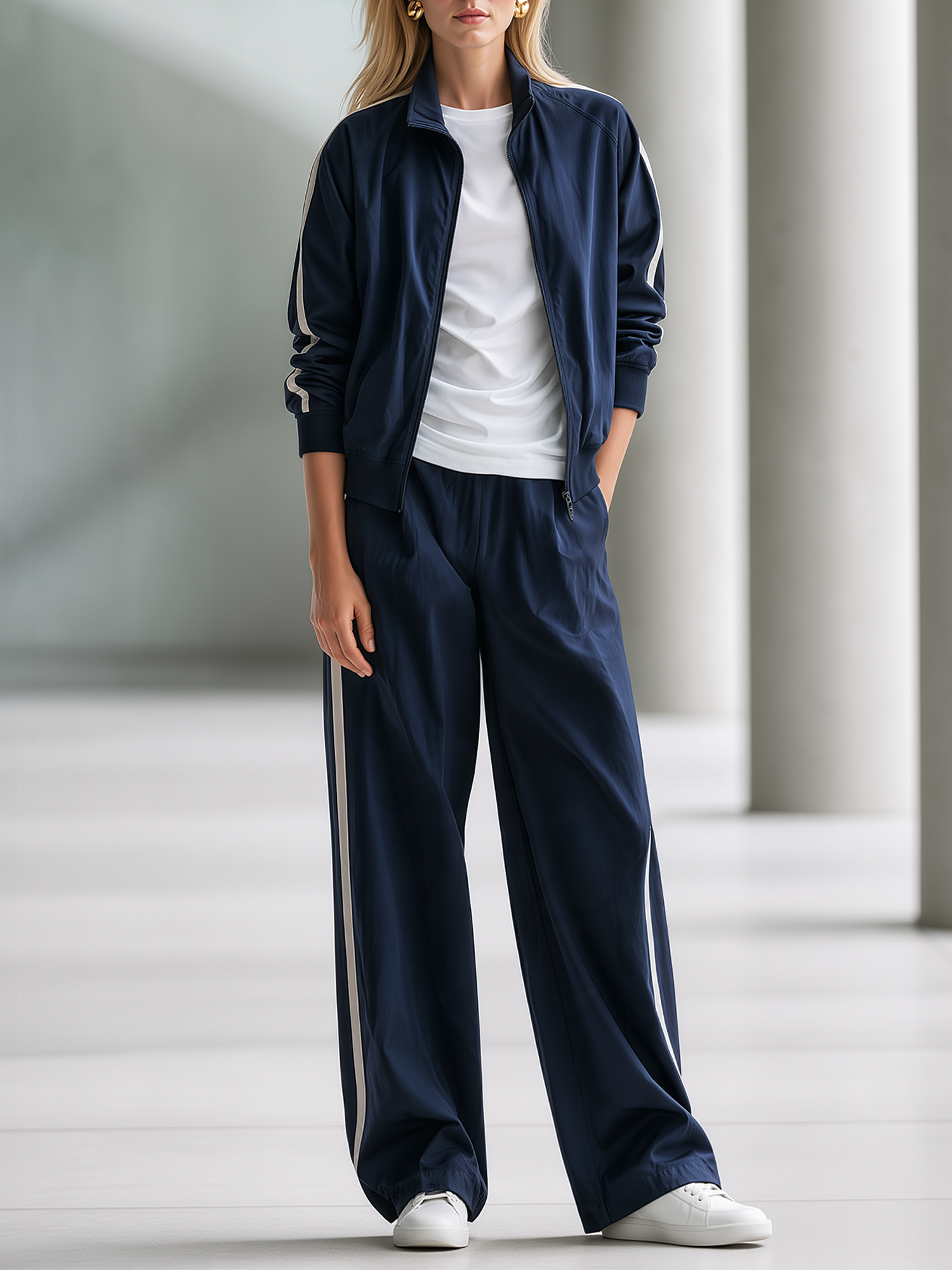 Navy Blue Color-block Zip-up Jacket With Stand Collar And Wide-leg Trousers Set