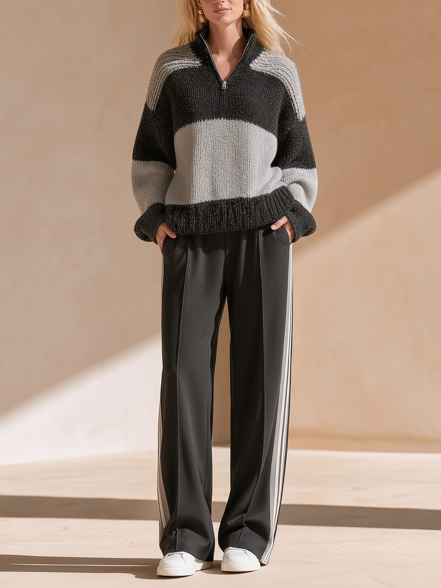 Black And Grey Color-block Half-zip Chunky Knit Sweater And Wide-leg Trousers Set