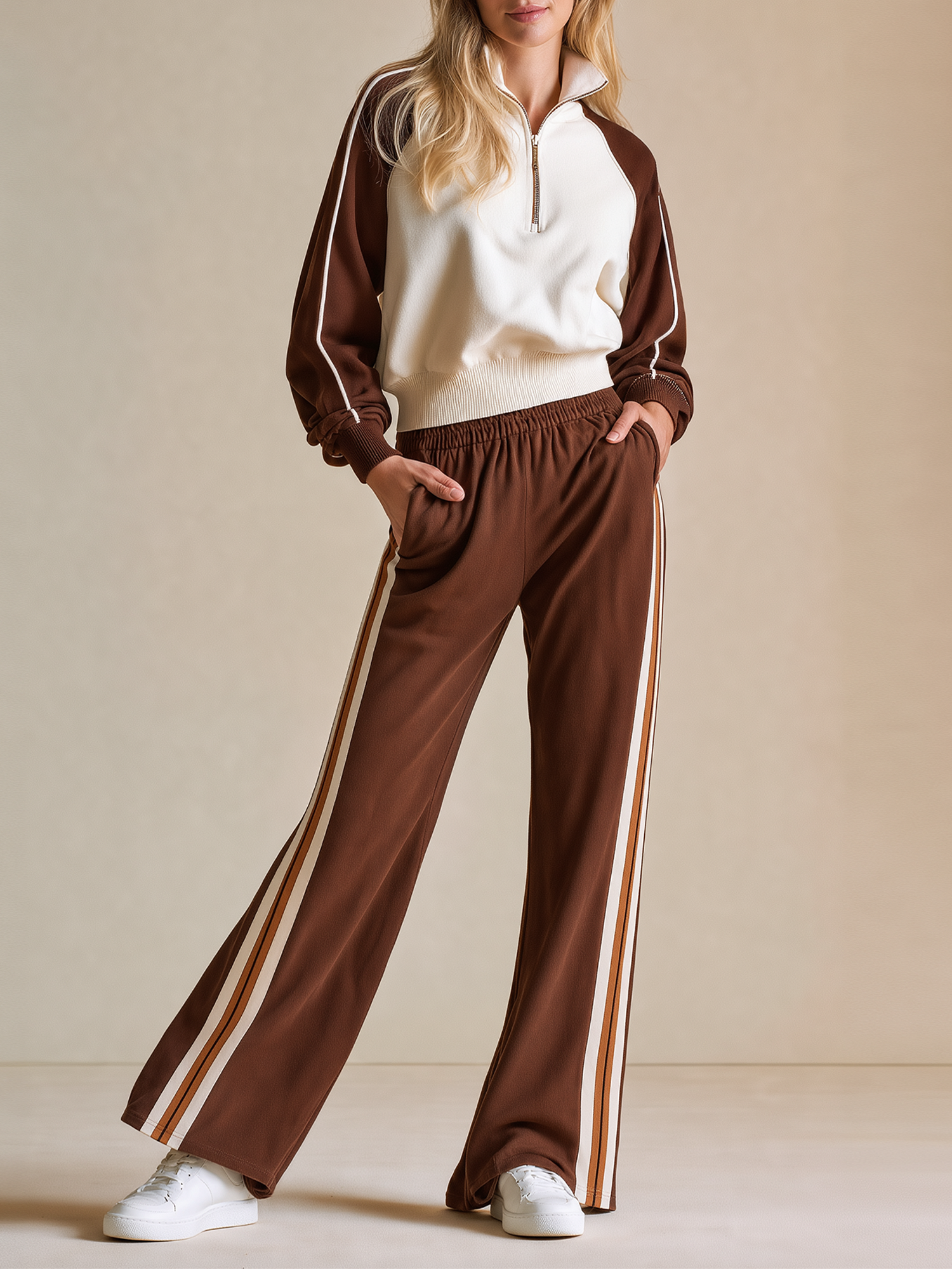 Brown Color-block Raglan-sleeve Half-zip Mock-neck Top And Wide-leg Pants With Side Taping