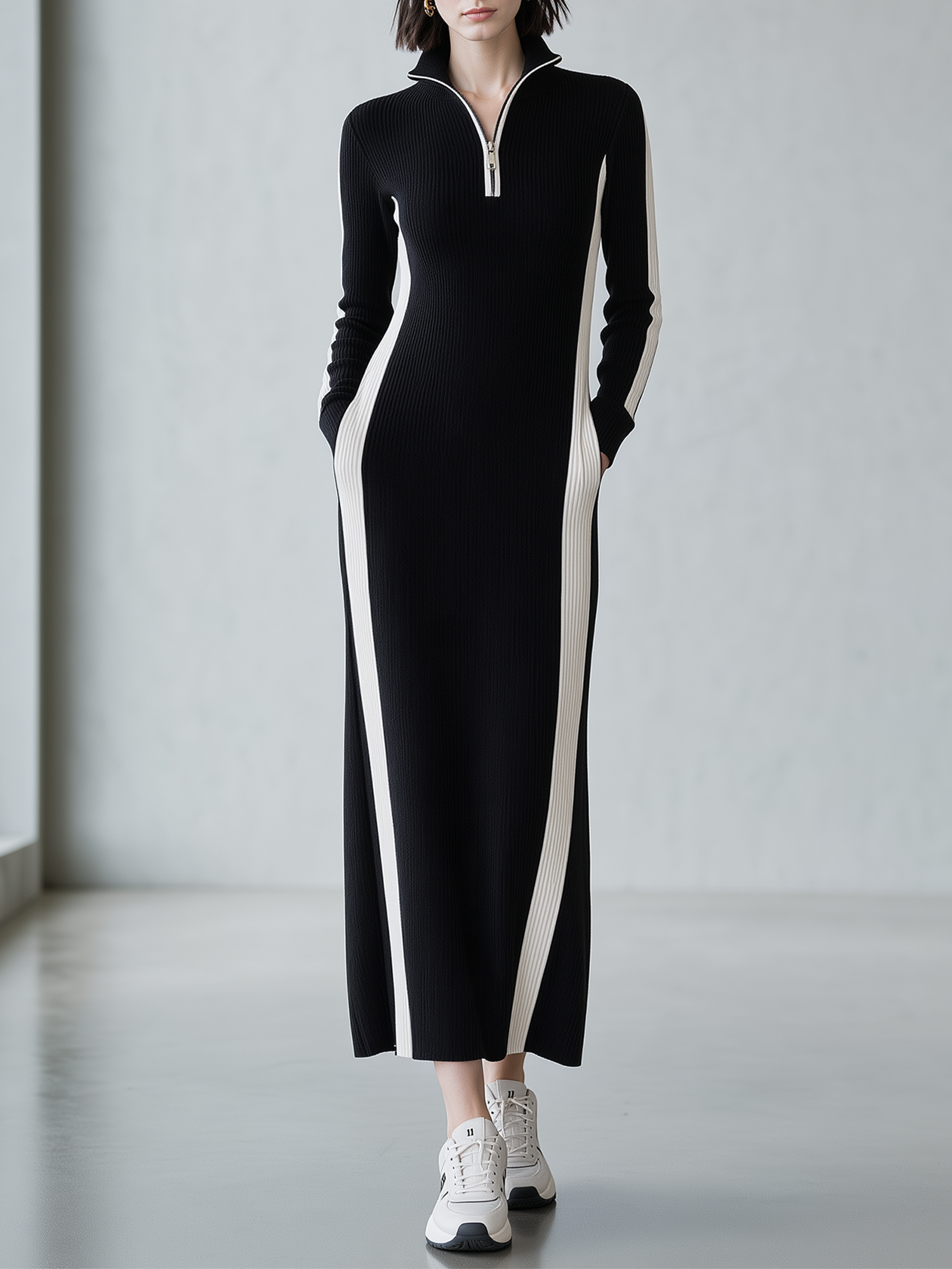 Black And White Color Block Half Zip Collar Ribbed Knit Maxi Dress