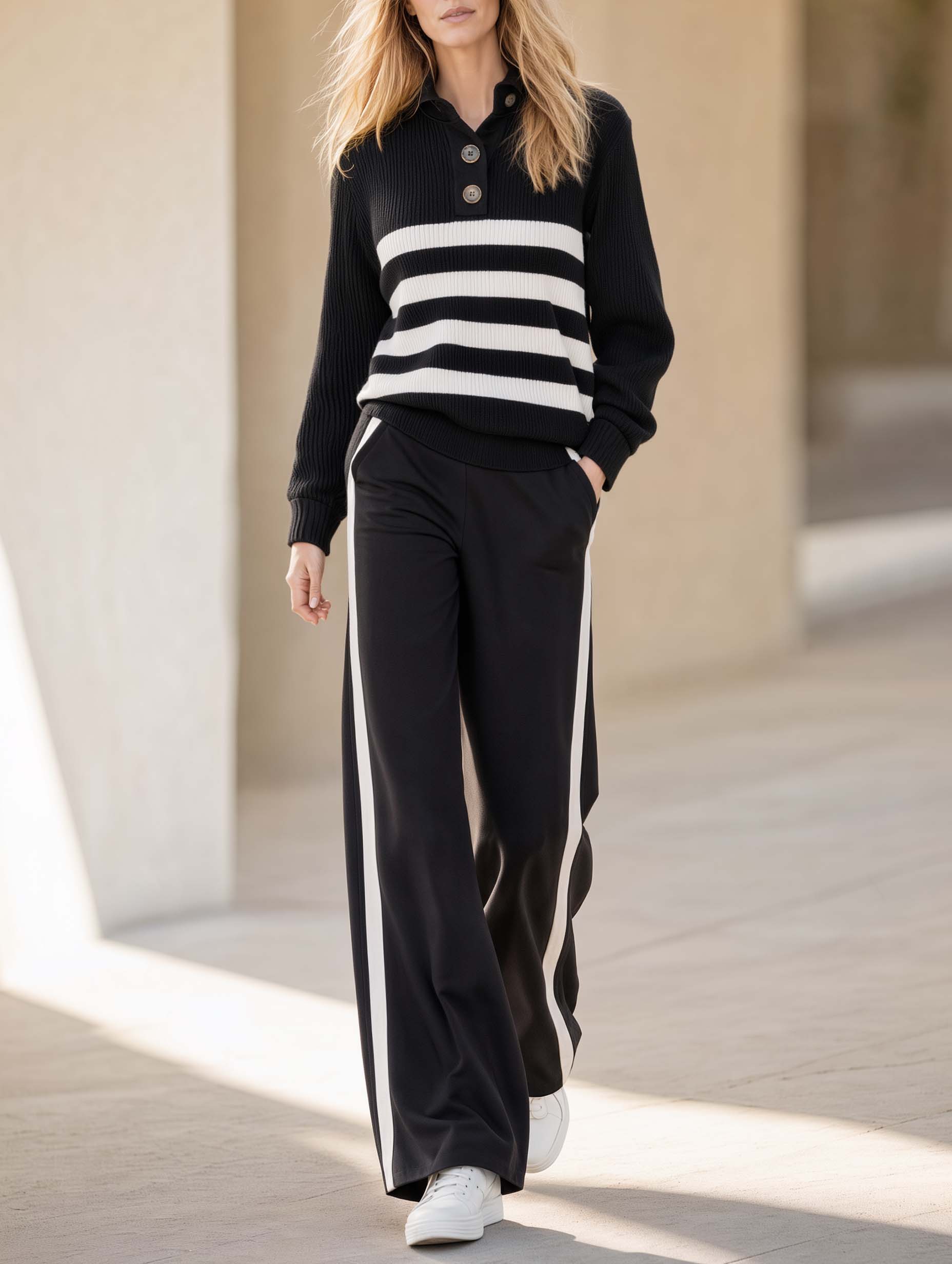 Stylish Casual Black-and-White Color-Block Striped Long-Sleeve Sweater And Pants Set