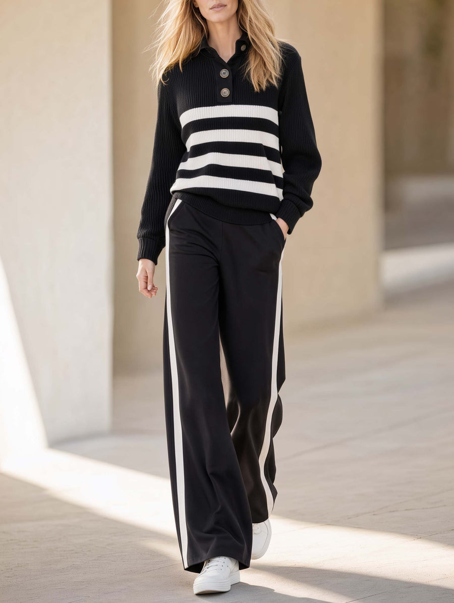 Stylish Casual Black-and-White Color-Block Striped Long-Sleeve Sweater And Pants Set