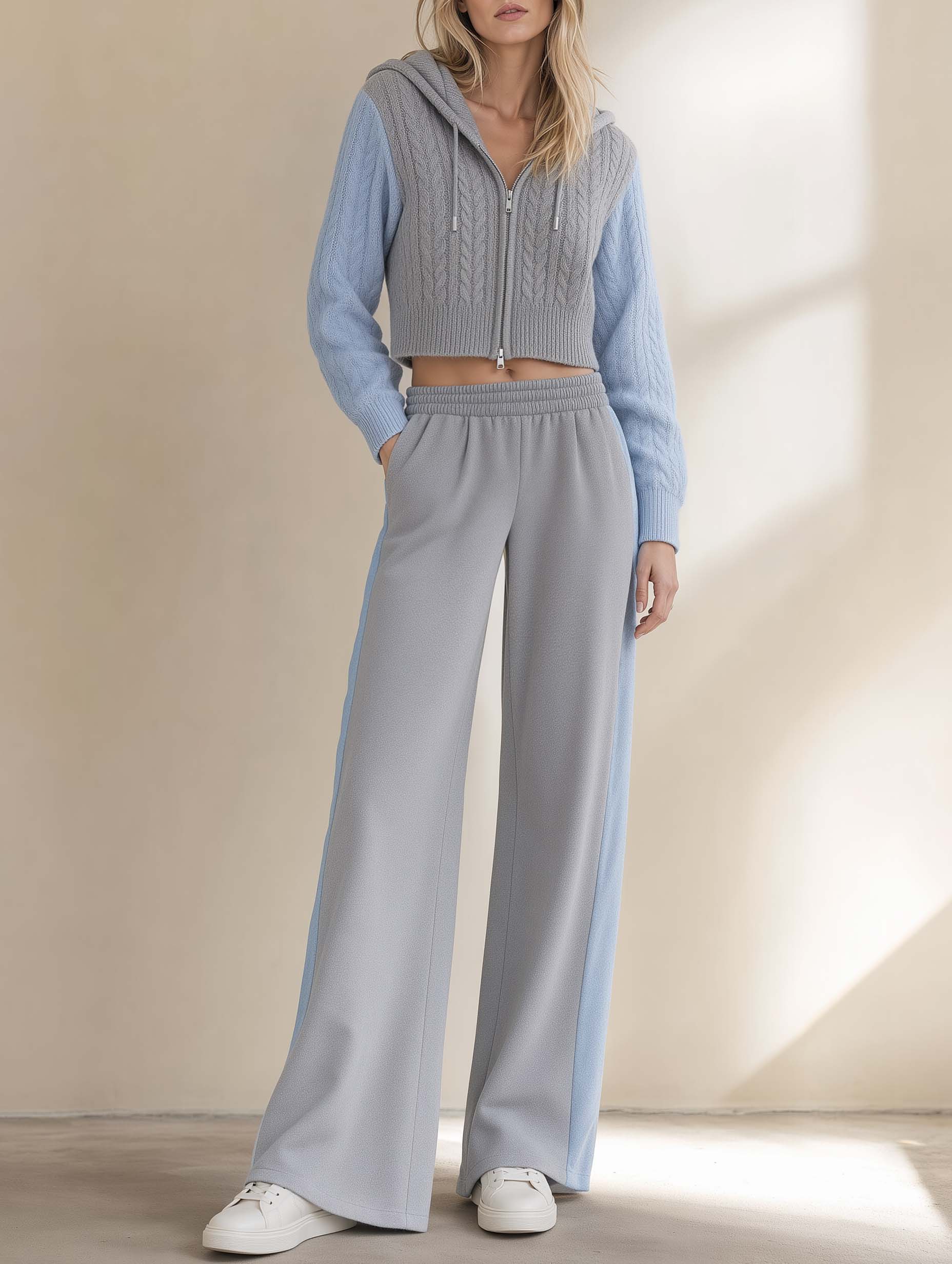 Stylish Casual Grey And Blue Color-Block Long-Sleeve Hoodie And Pants Set
