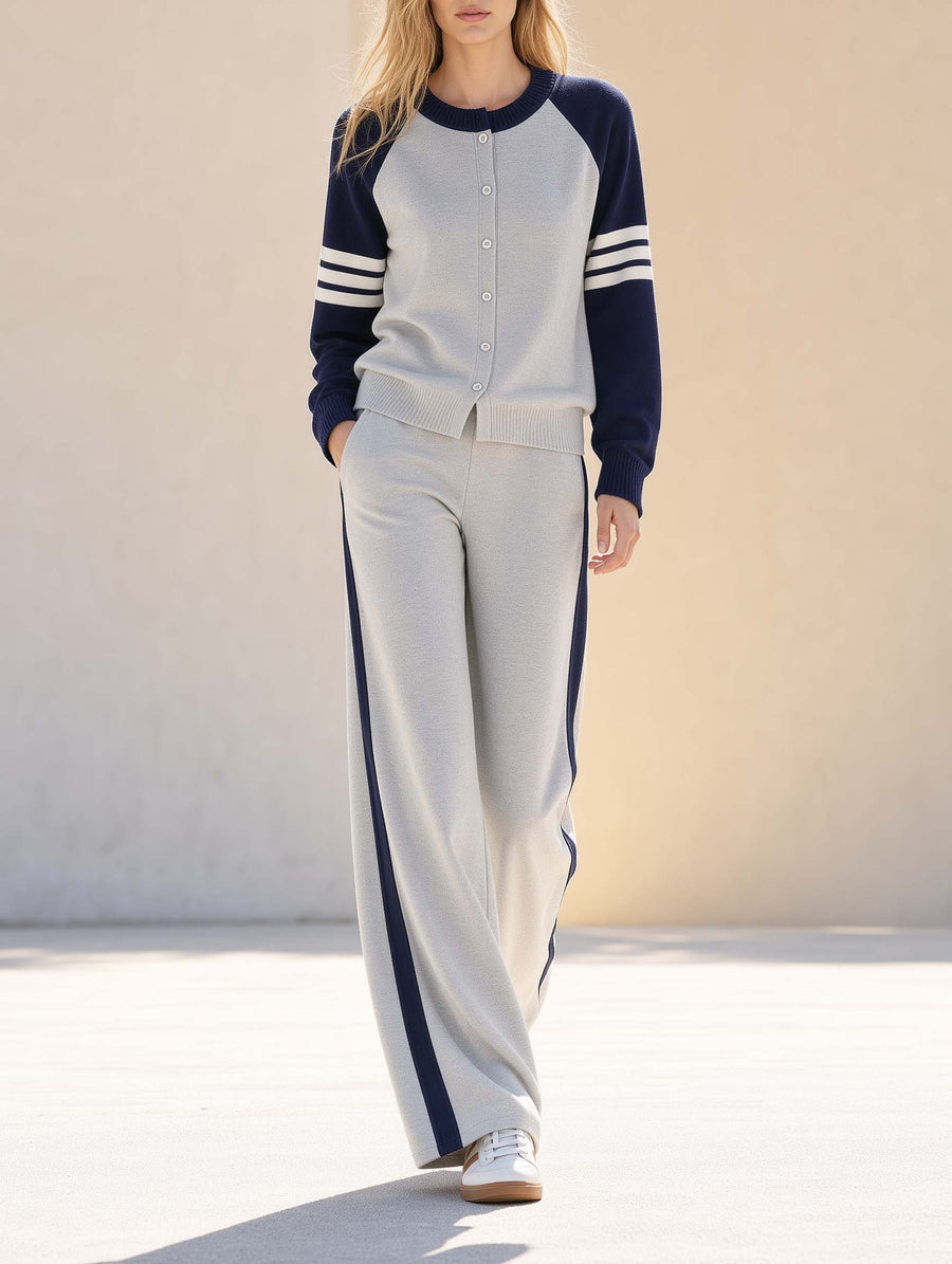 Stylish Casual-sporty Long-sleeve Cardigan And Trousers Set In A Grey And Navy Color-block Design