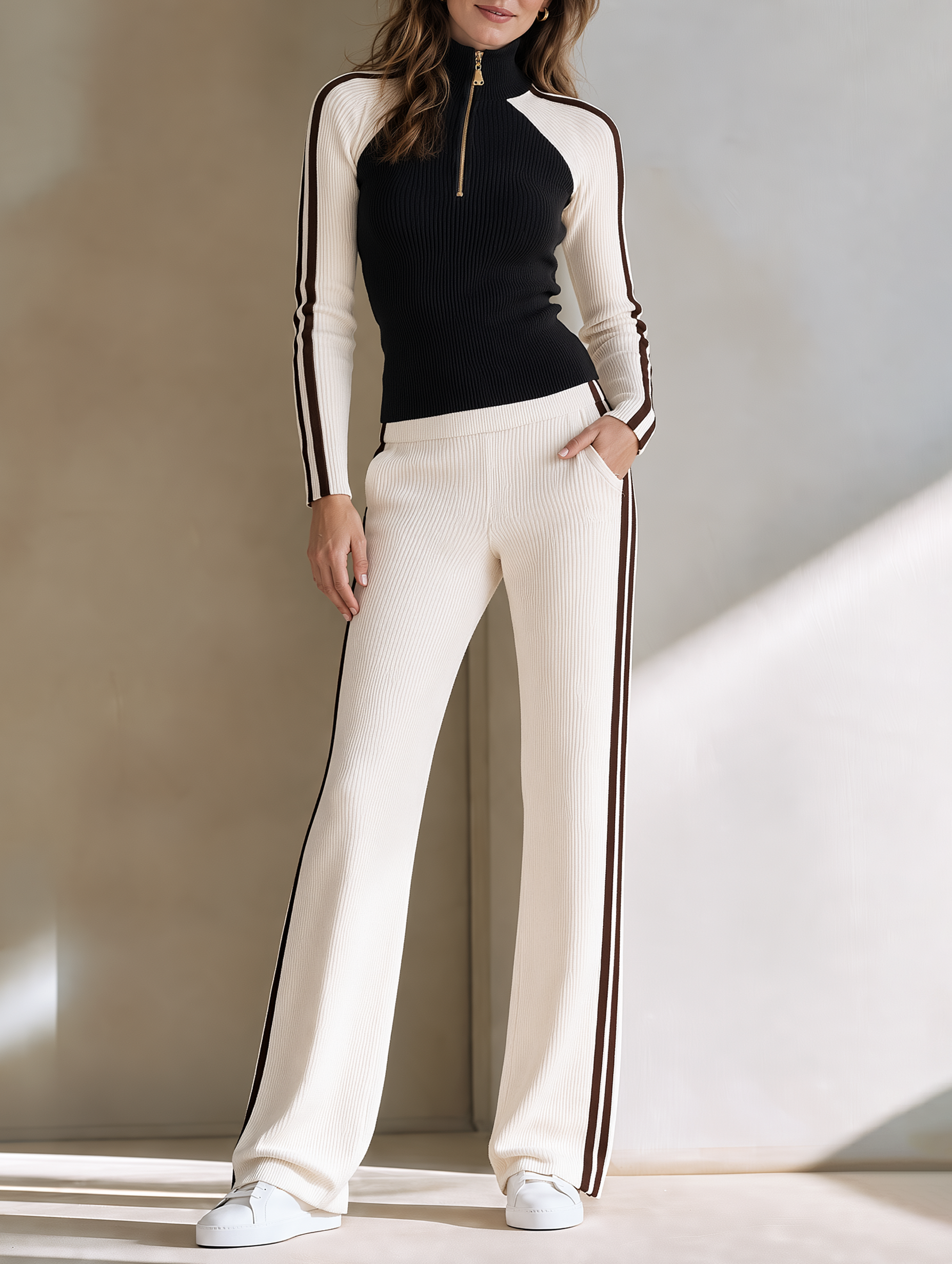 Color-block Ribbed Half-zip Top And Slight-flare Pants Set