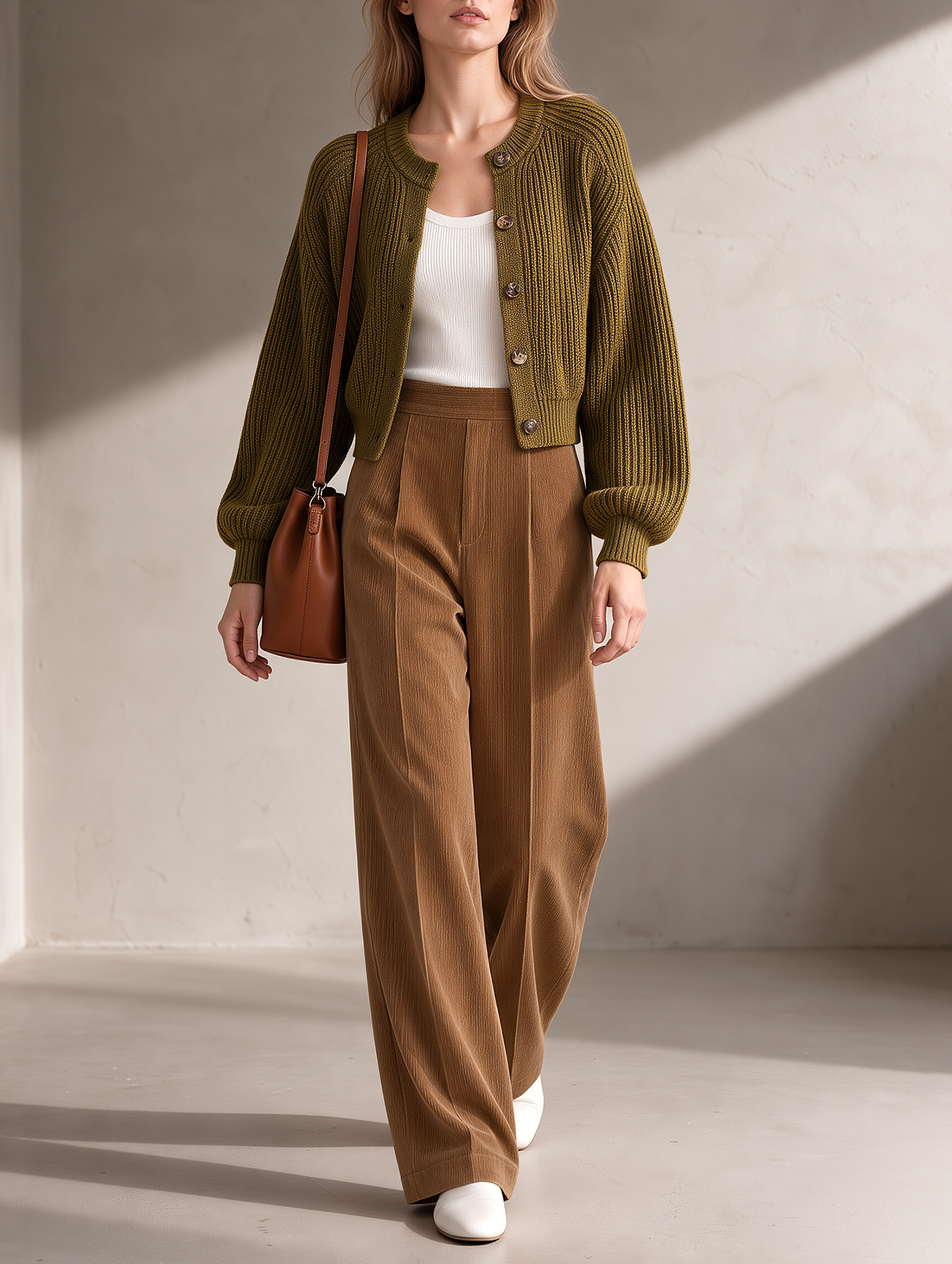 Olive Green Cardigan And High-waisted Wide-leg Trousers Set