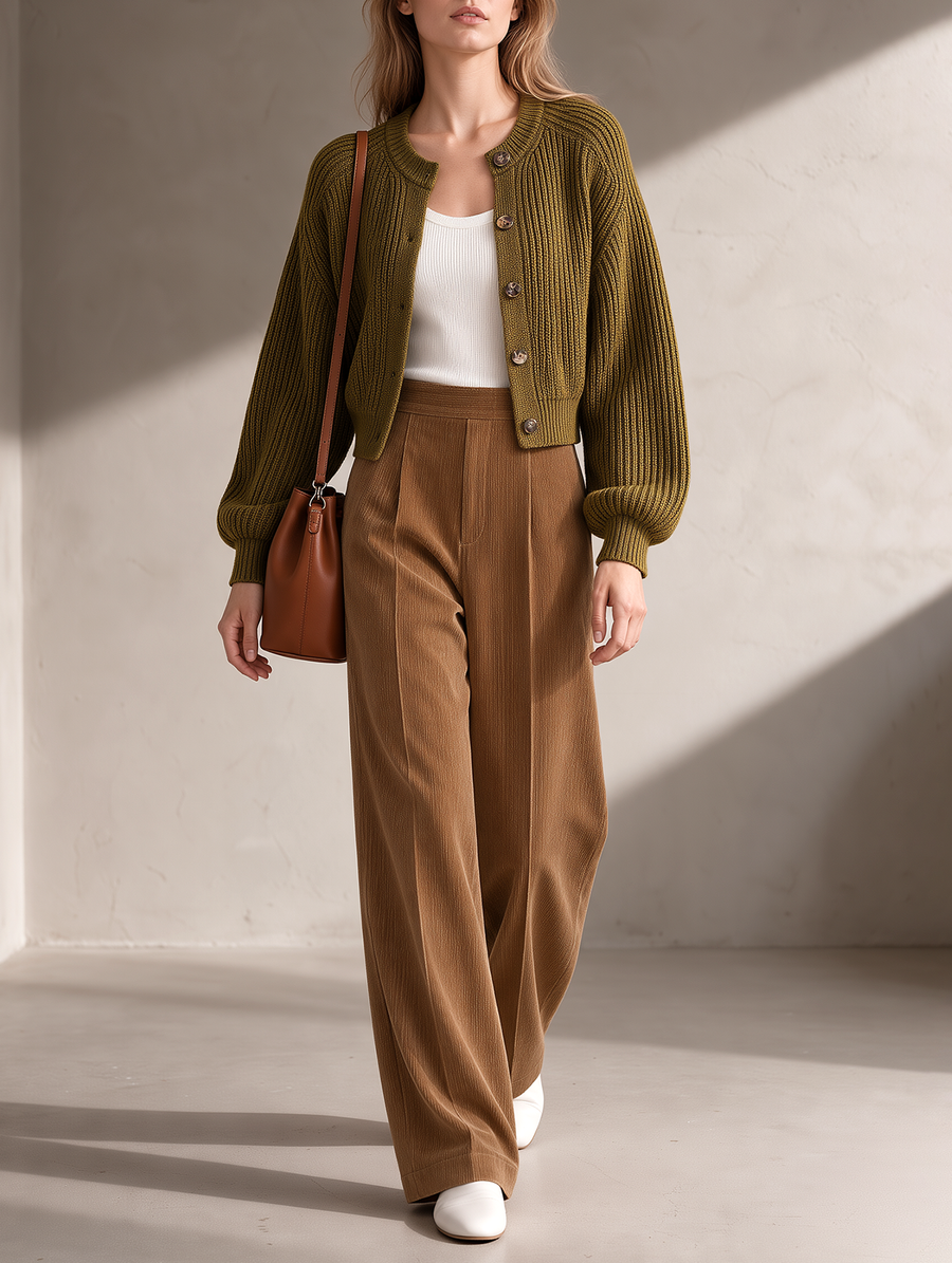 Olive Green Cardigan And High-waisted Wide-leg Trousers Set