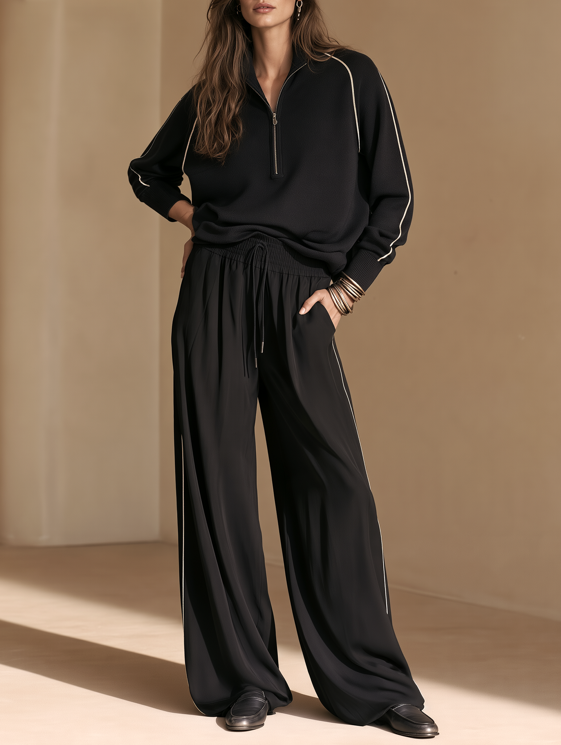 Black Half-zip Sweatshirt And Draped Wide-leg Trousers Set