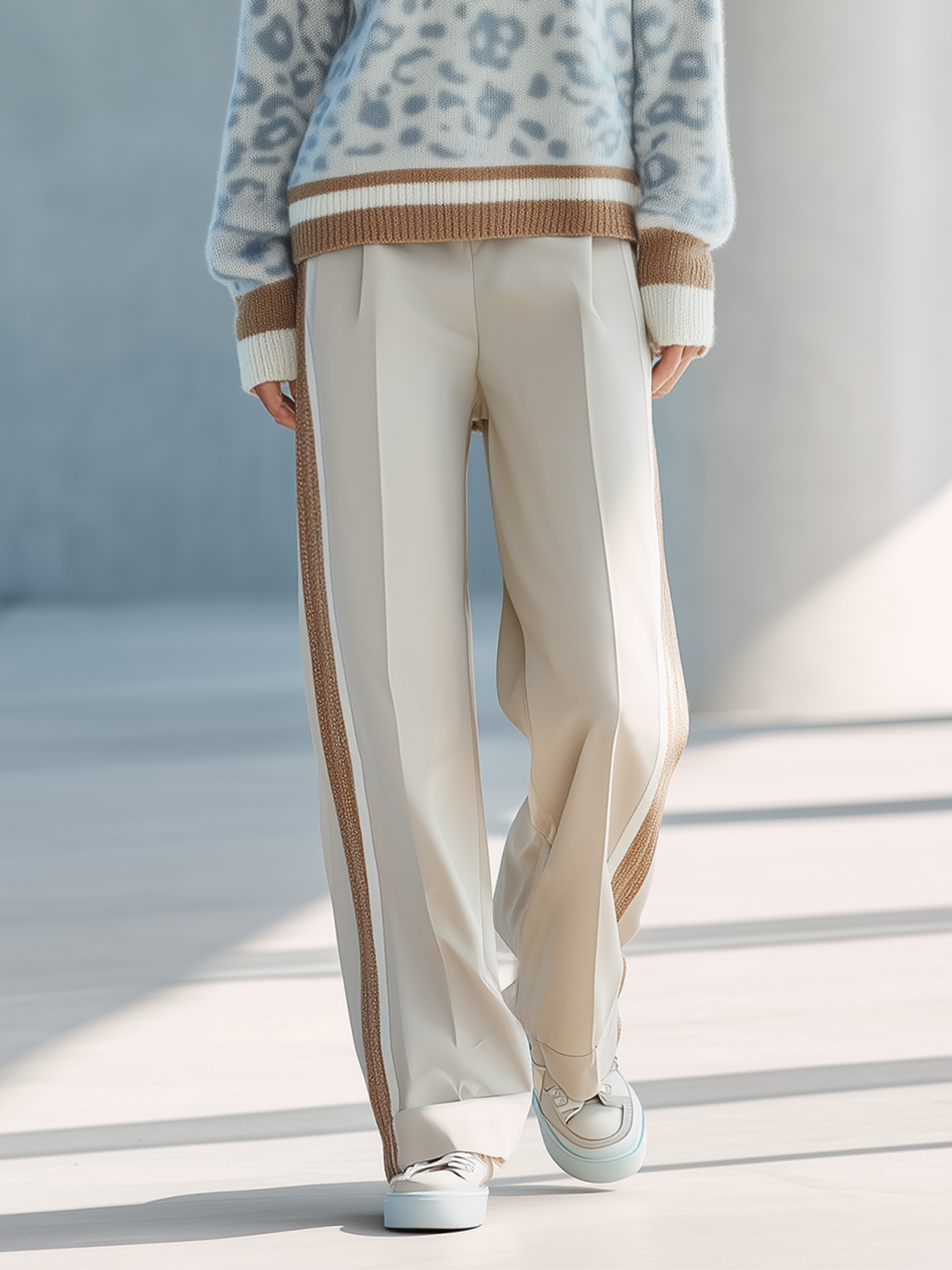 Stylish And Casual Oatmeal-colored Loose Straight-leg Trousers With Color-blocking Details