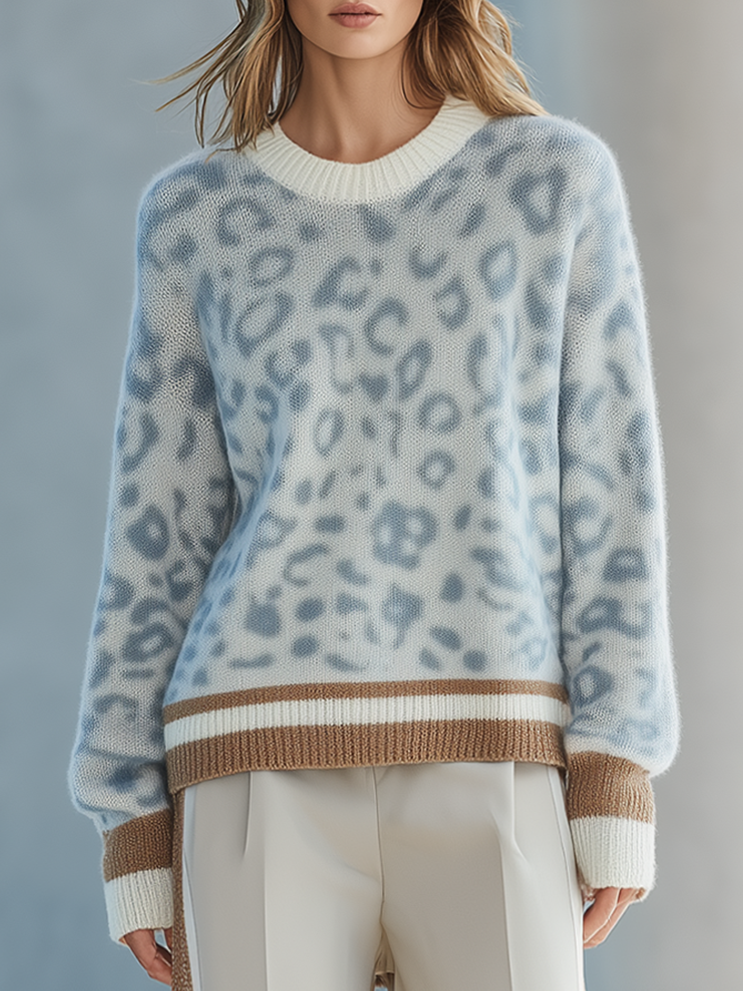 Stylish Light Blue Knit Sweater With Contrast-Trim Leopard Print