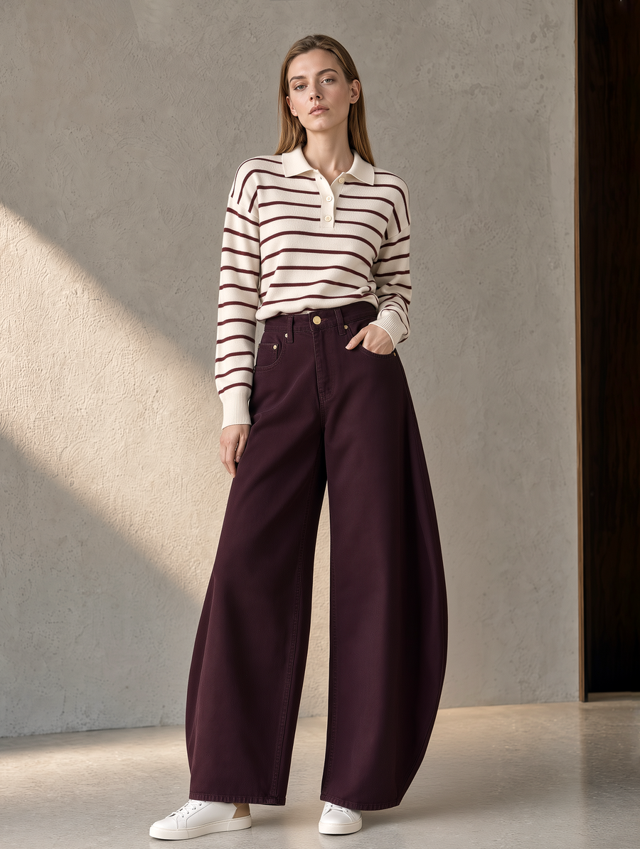Burgundy Striped Polo Top And Curved Wide-Leg Trousers Set