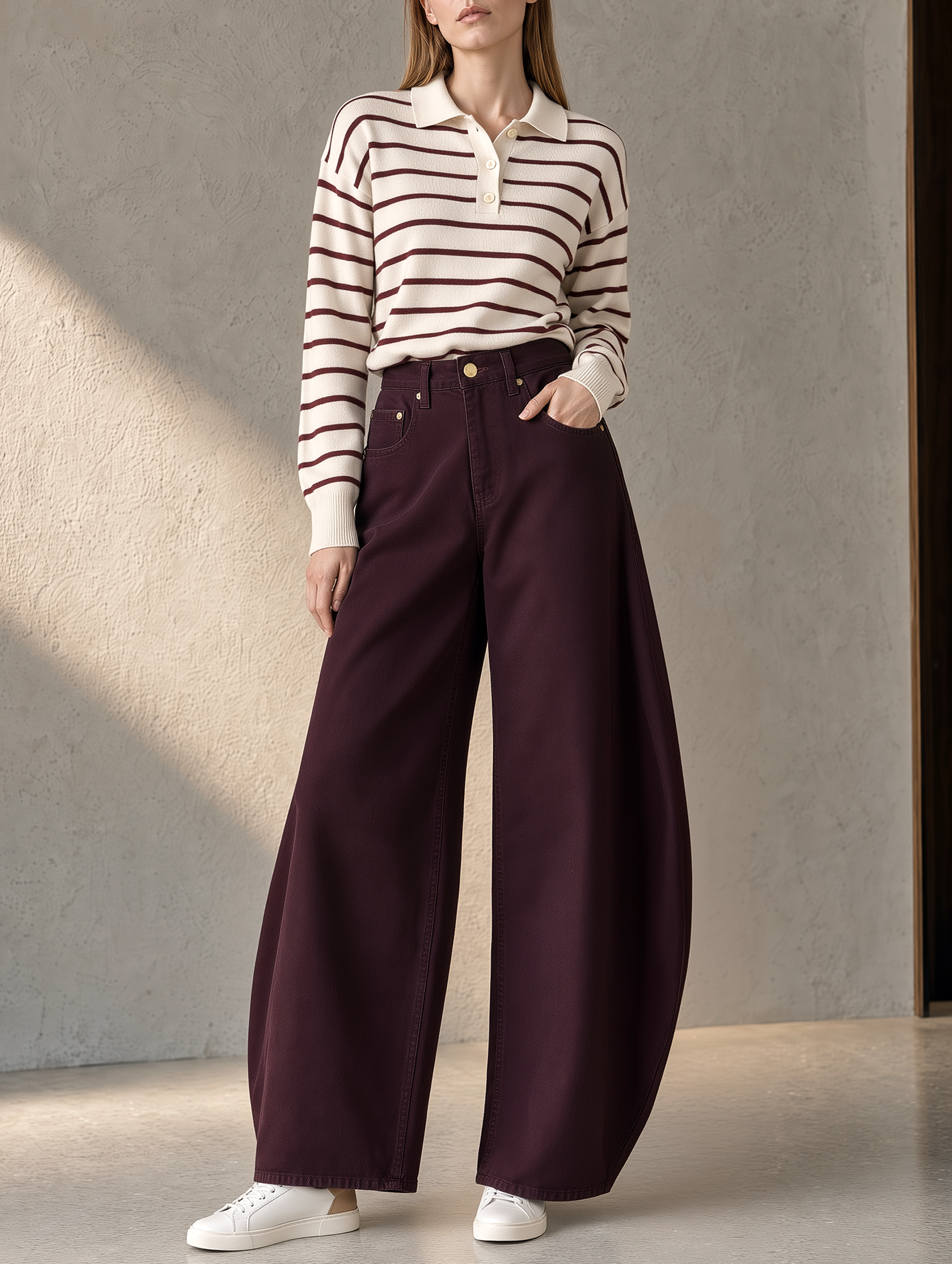 Burgundy Striped Polo Top And Curved Wide-Leg Trousers Set