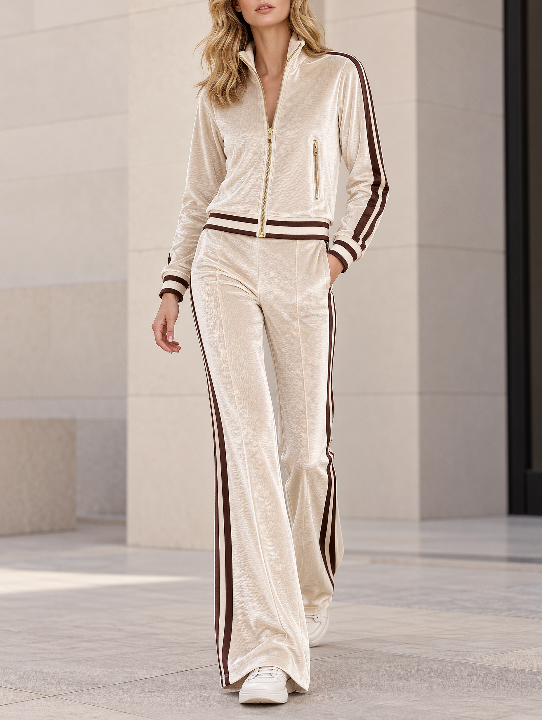 Velvet Zip-Up Jacket With Stand Collar And Flared Trousers Set