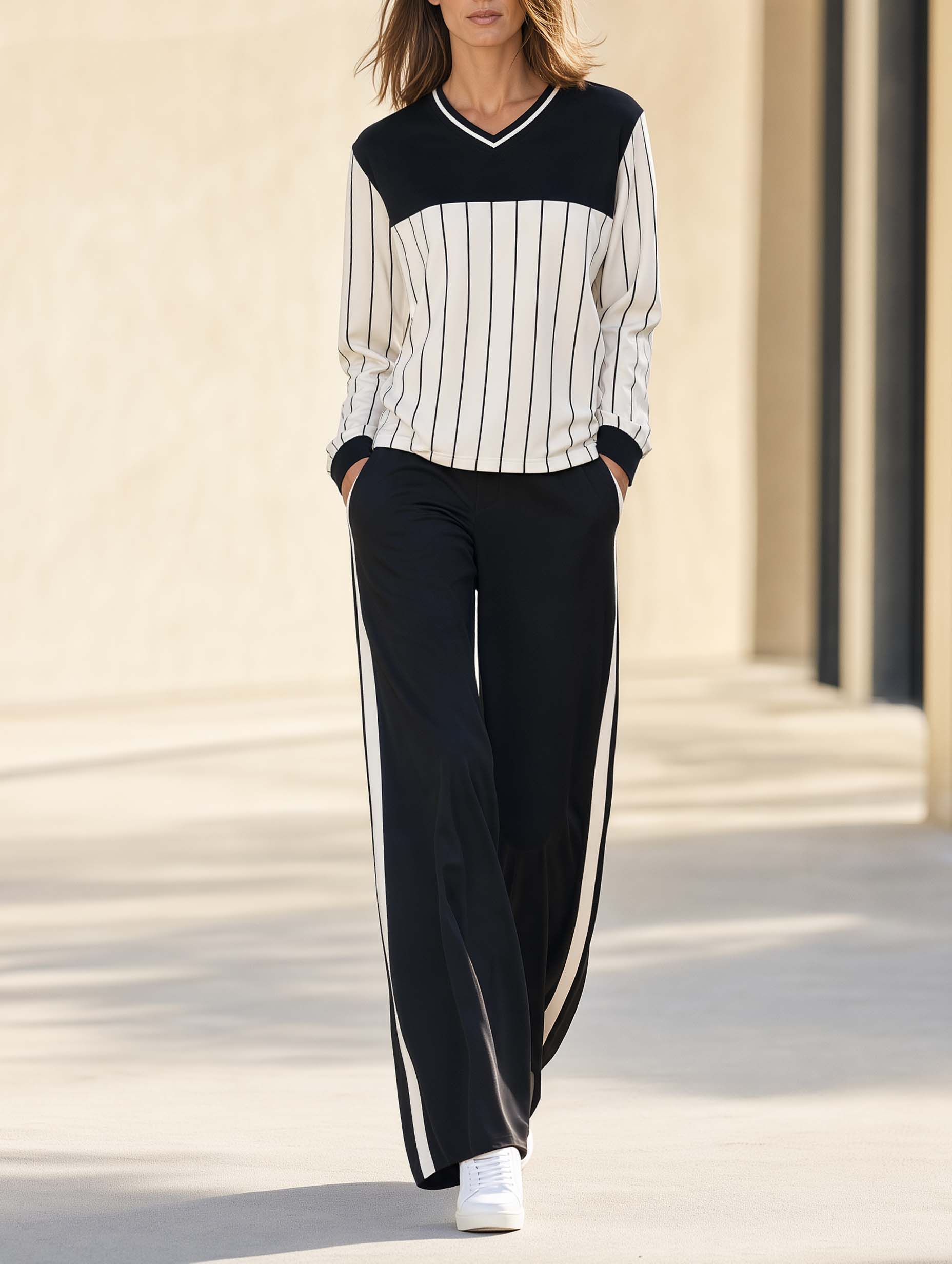 Stylish Casual White Paneled Striped V-Neck Long-Sleeve Top And Black Trousers Set