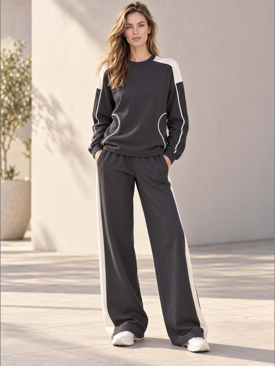 Stylish Sporty Long-sleeve Top And Trousers Set In Contrasting Dark Grey And White
