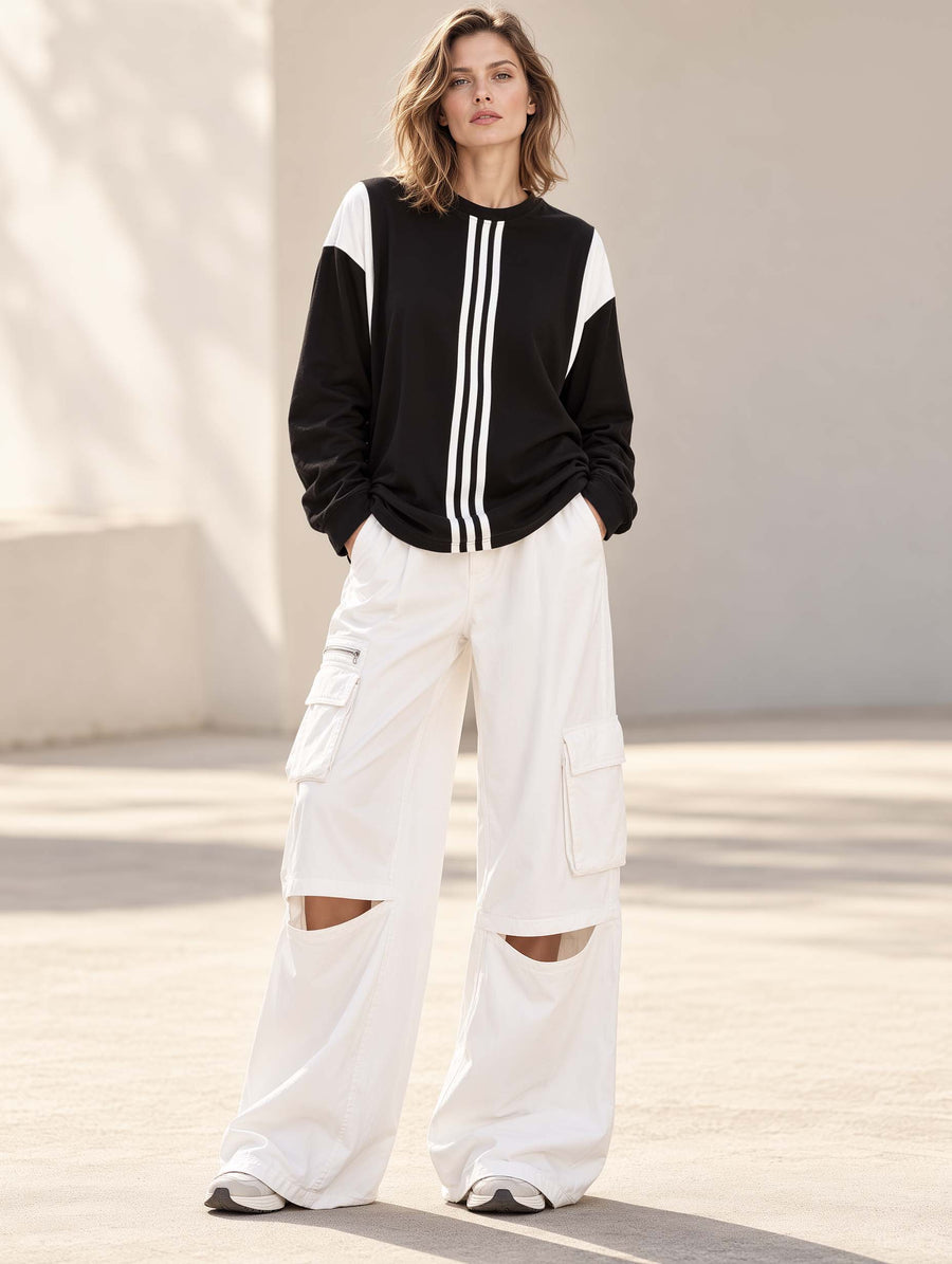 Black And White Color-Block Long-Sleeve Top And Utility-Style Cut-Out Wide-Leg Pants Set