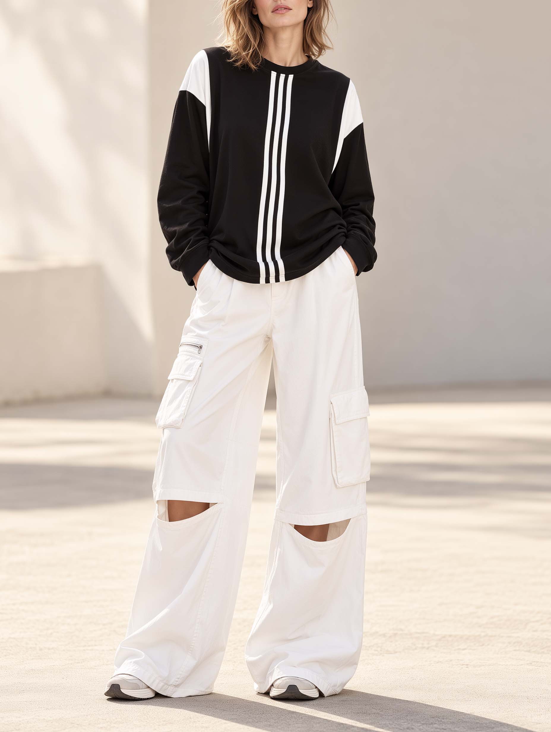 Black And White Color-Block Long-Sleeve Top And Utility-Style Cut-Out Wide-Leg Pants Set