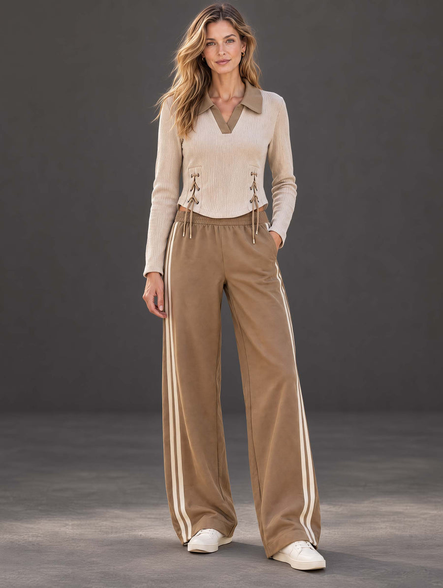 Stylish Casual Khaki Long-Sleeve V-Neck Tie-Front Top And Wide-Leg Pants Set