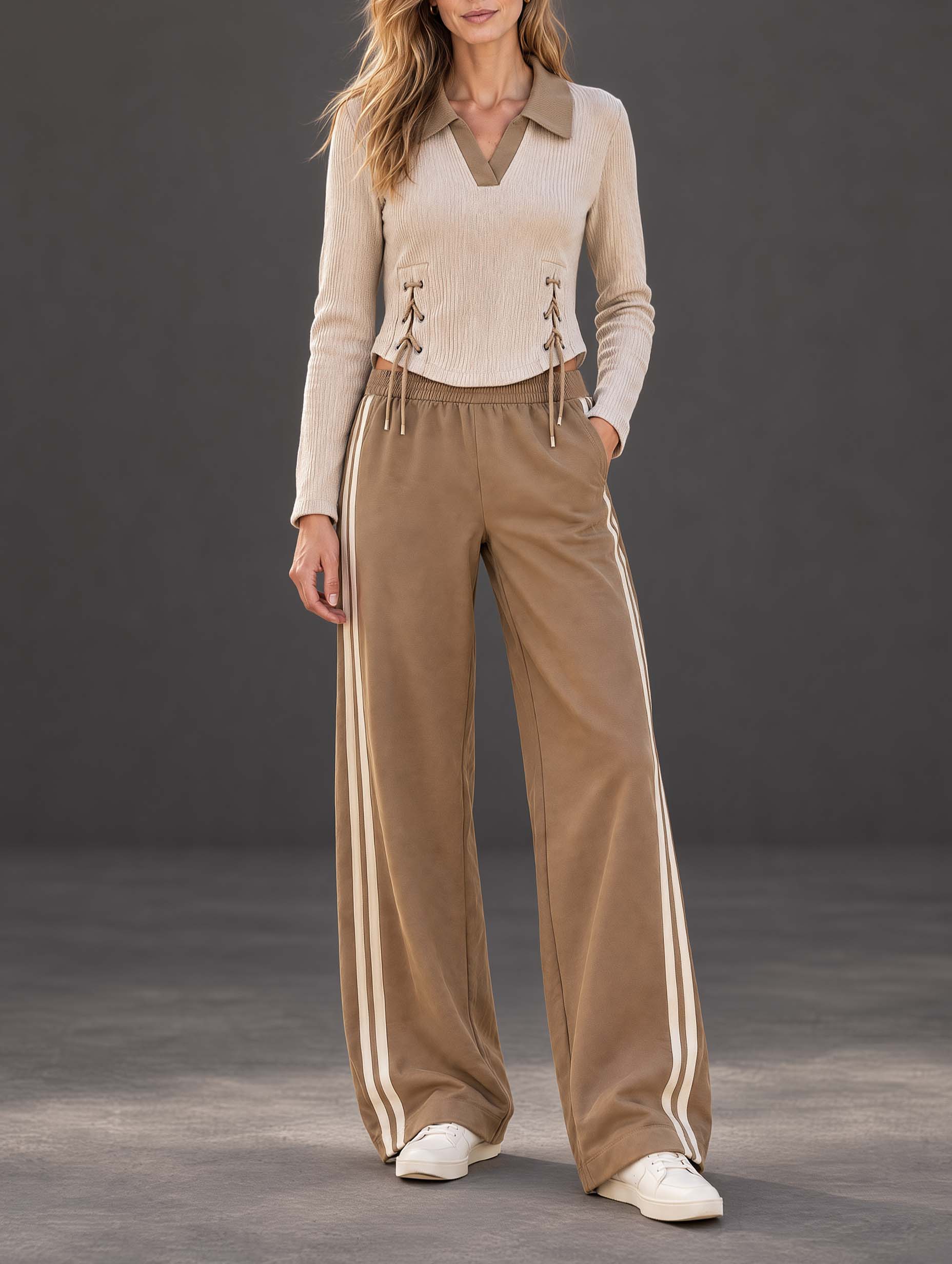Stylish Casual Khaki Long-Sleeve V-Neck Tie-Front Top And Wide-Leg Pants Set