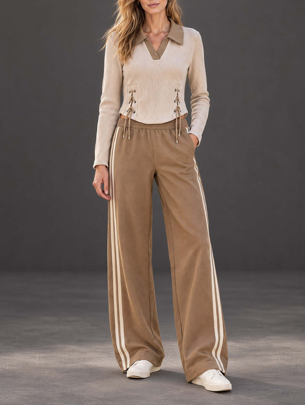 Stylish Casual Khaki Long-Sleeve V-Neck Tie-Front Top And Wide-Leg Pants Set