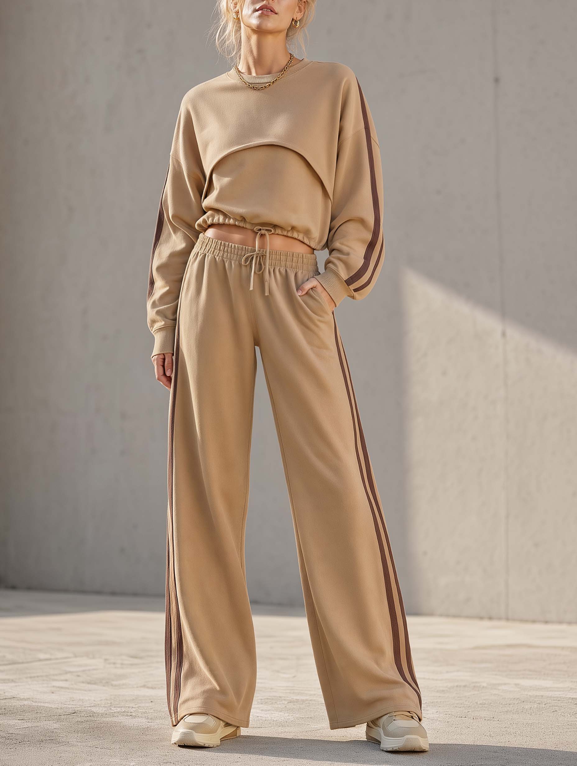 Athleisure-style Khaki Long-sleeve Top And Wide-leg Pants Set