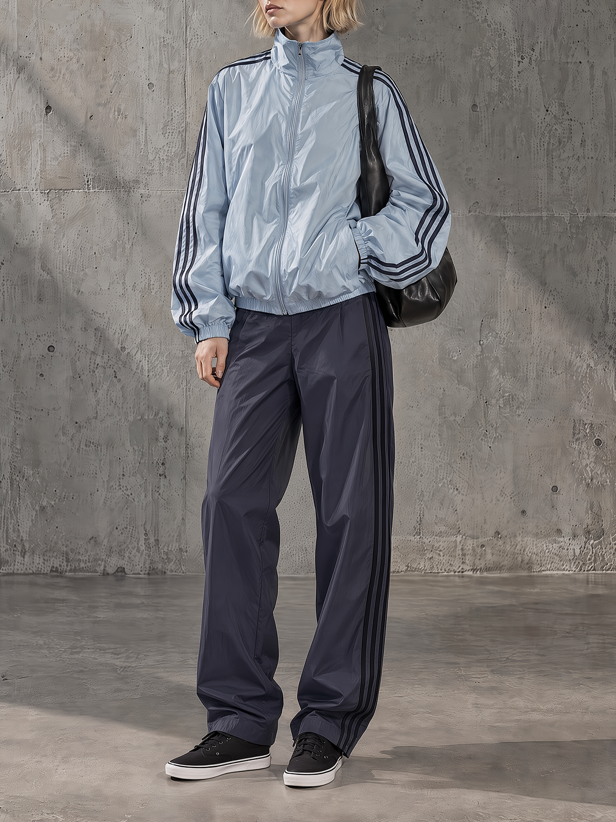 Light Blue Stripe Track Jacket & Navy Wide-Leg Pants Set