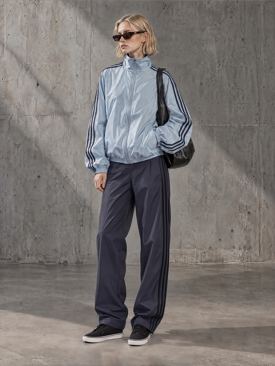Light Blue Stripe Track Jacket & Navy Wide-Leg Pants Set