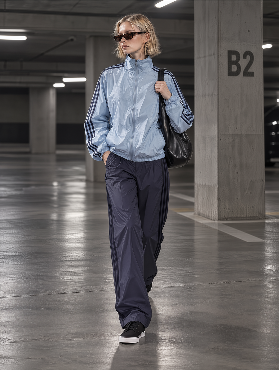Light Blue Stripe Track Jacket & Navy Wide-Leg Pants Set