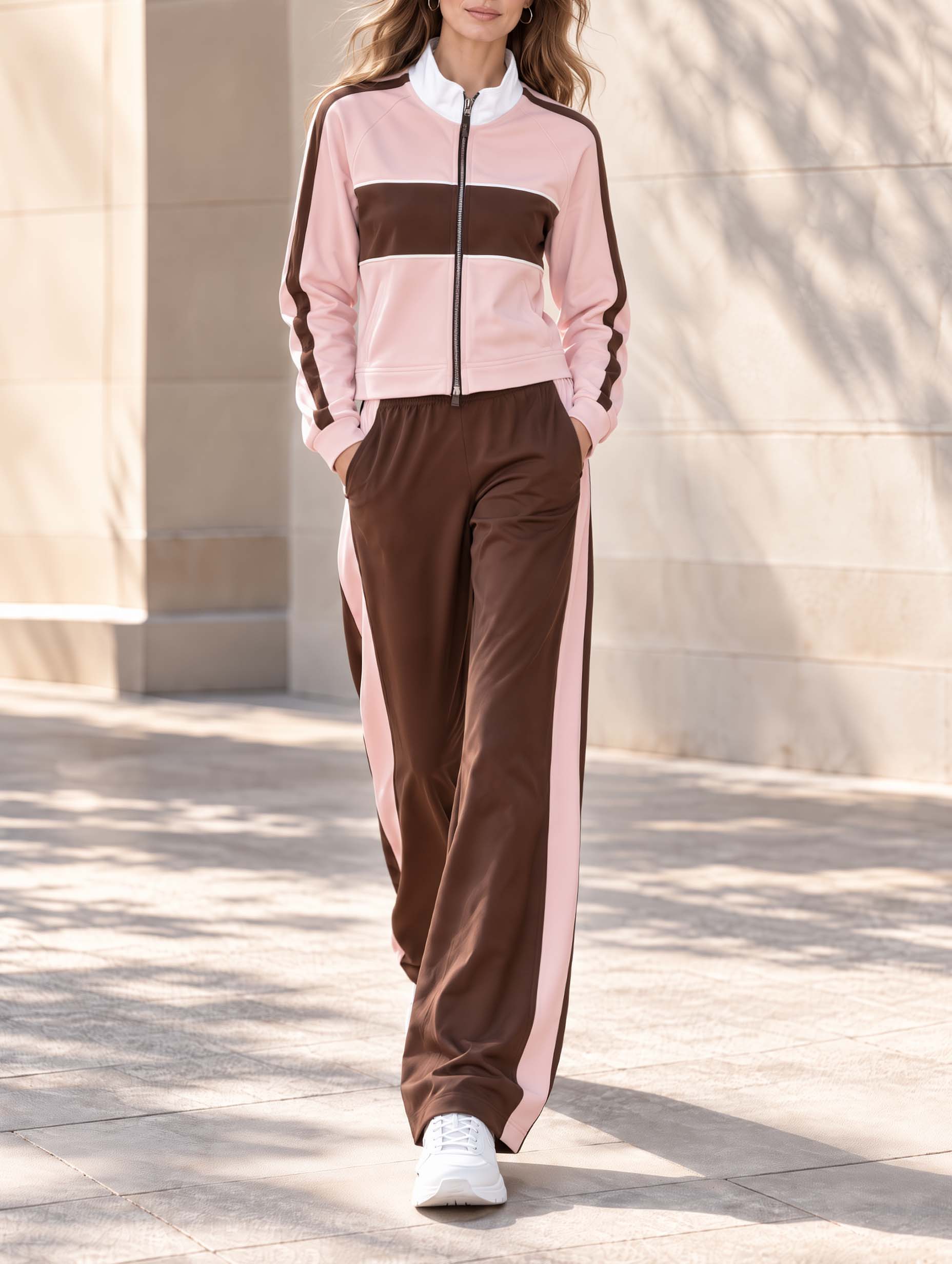 Chic Commuter-style Long-sleeve Jacket And Trousers Set In A Pink And Brown Color-block Design