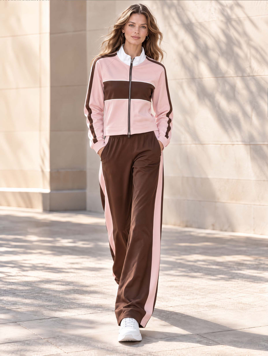 Chic Commuter-style Long-sleeve Jacket And Trousers Set In A Pink And Brown Color-block Design