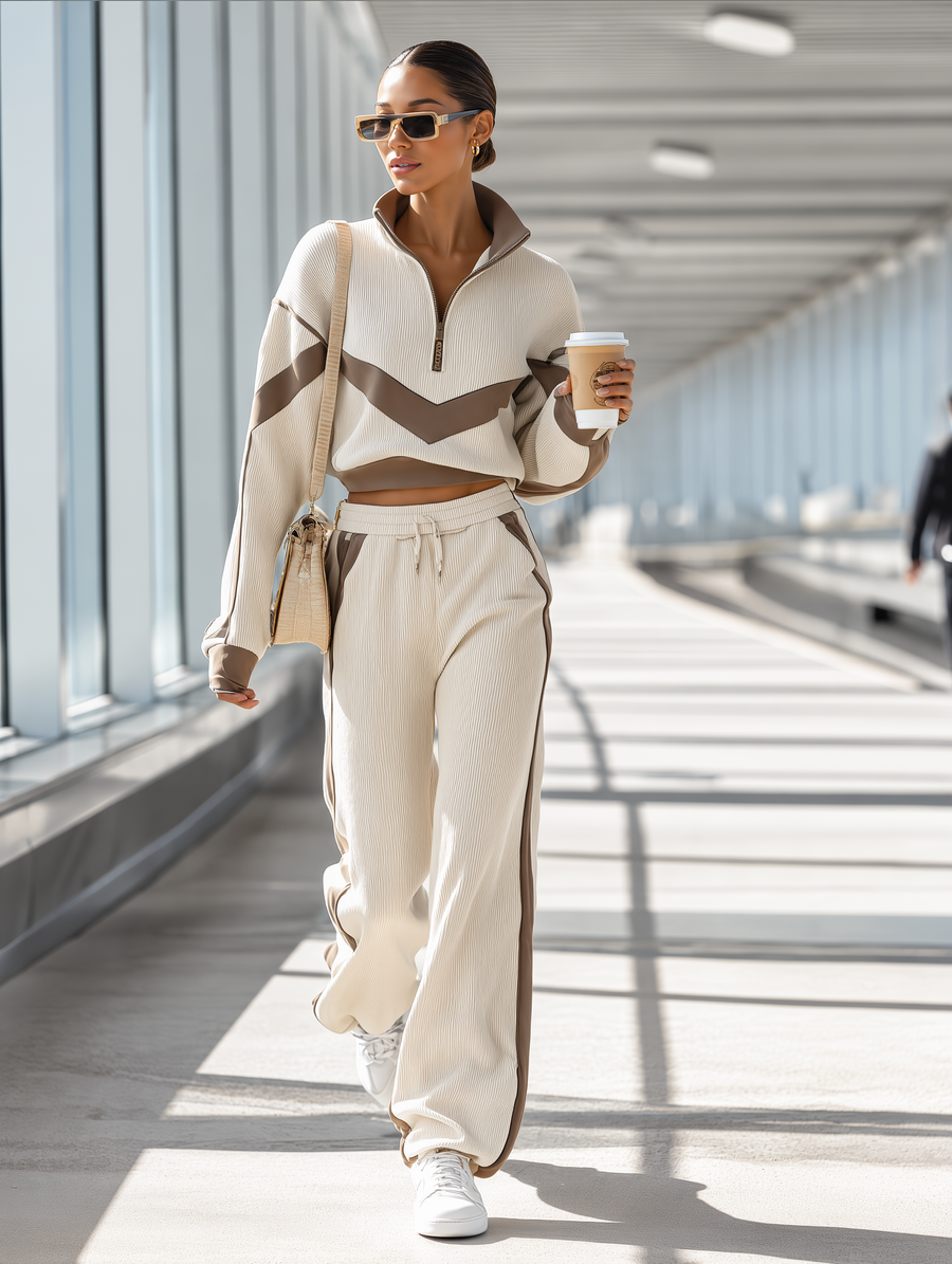 Oatmeal Color-Block Half-Zip Knit Top & Wide-Leg Pants Set
