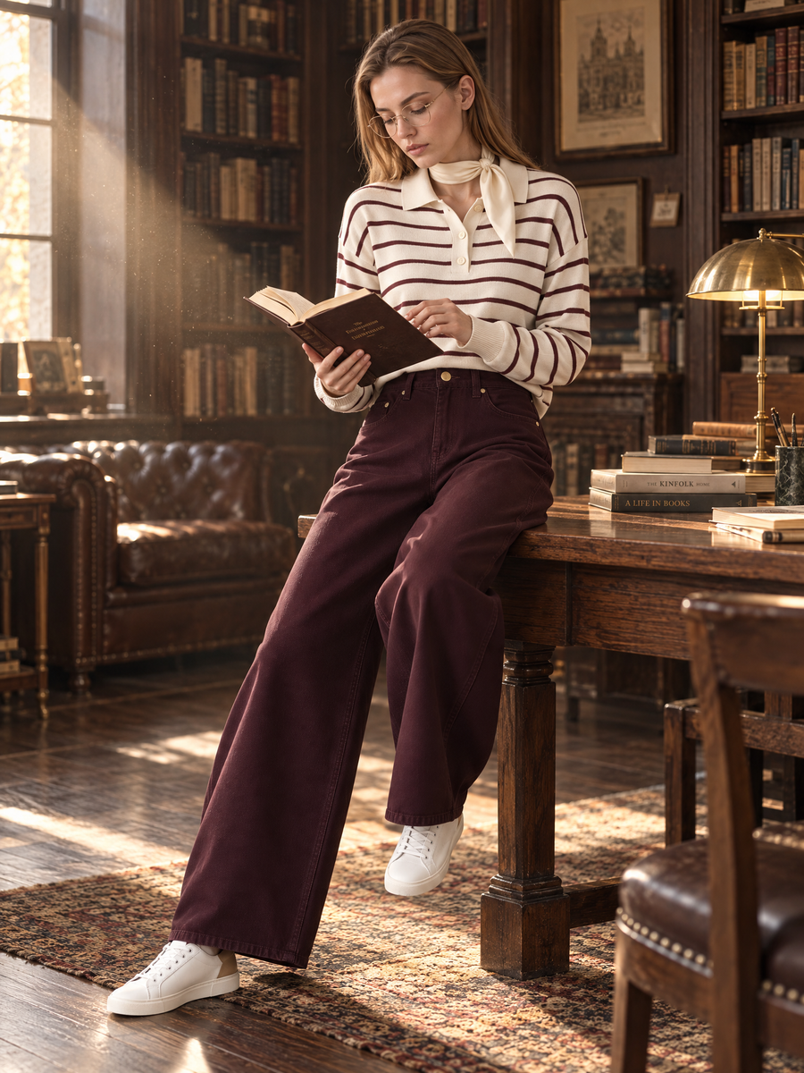 Burgundy Striped Polo Top And Curved Wide-Leg Trousers Set