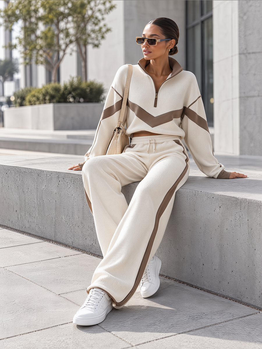 Oatmeal Color-Block Half-Zip Knit Top & Wide-Leg Pants Set