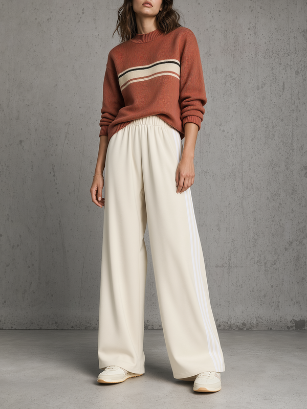 Rust Stripe Knit Sweater & Ivory Wide-Leg Pants Set