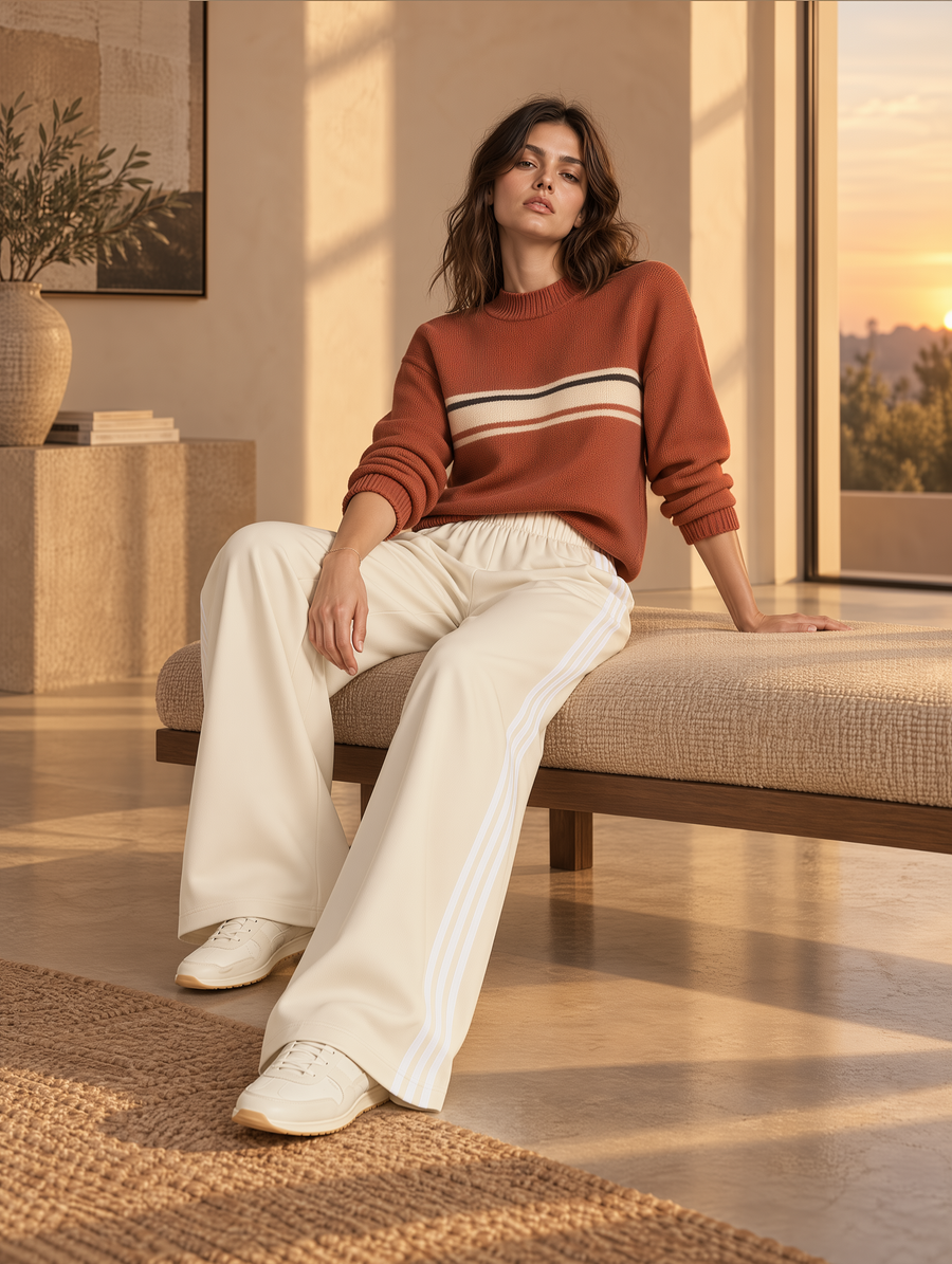 Rust Stripe Knit Sweater & Ivory Wide-Leg Pants Set