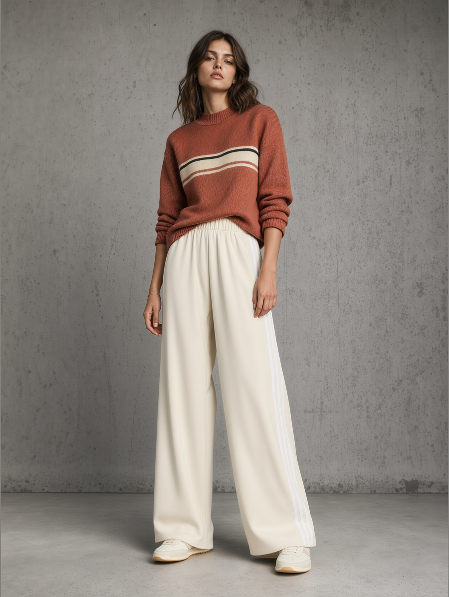 Rust Stripe Knit Sweater & Ivory Wide-Leg Pants Set