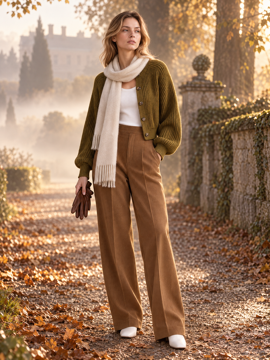 Olive Green Cardigan And High-waisted Wide-leg Trousers Set